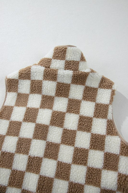 Checkered Sherpa Collared Jacket Vest