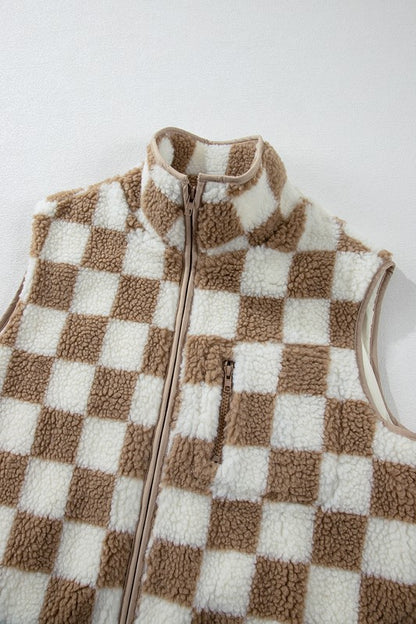 Checkered Sherpa Collared Jacket Vest