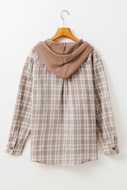 Checkered Print Hooded Patchwork Loose Fit Shacket