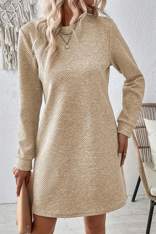 Women Solid Color Textured Long Sleeve Shift Dress