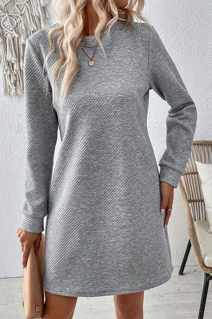 Women Solid Color Textured Long Sleeve Shift Dress