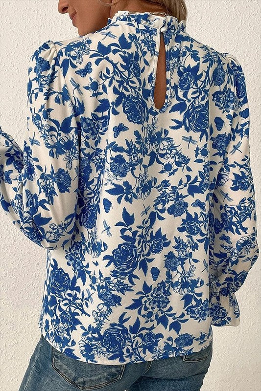 Women Floral Print Flounce Sleeve Keyhole Blouse