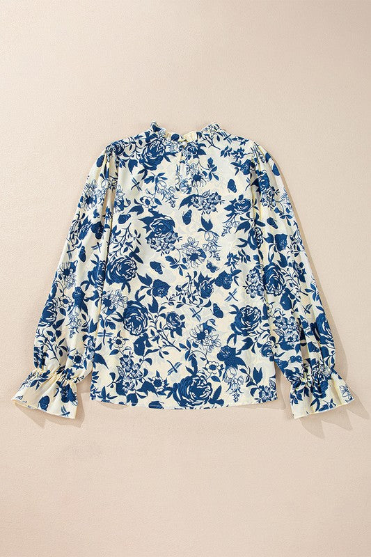 Women Floral Print Flounce Sleeve Keyhole Blouse