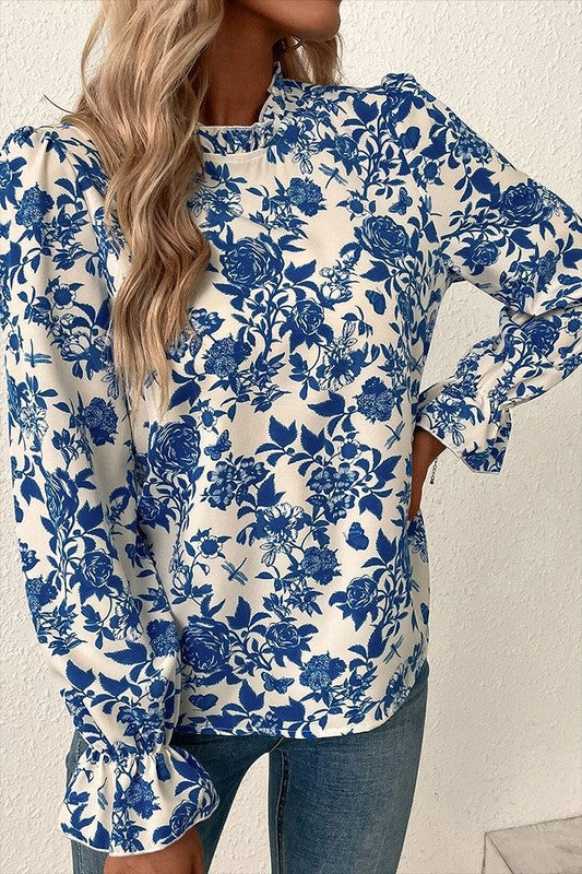 Women Floral Print Flounce Sleeve Keyhole Blouse