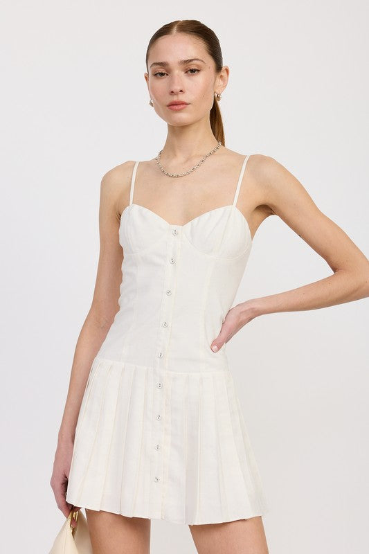 White Spaghetti Strap Pleated Mini Dress