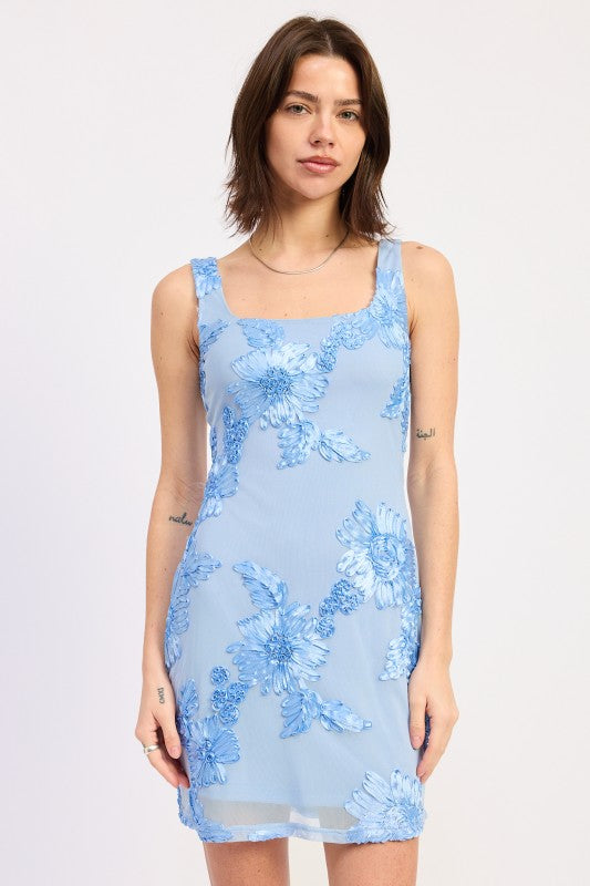 Icy Blue Square Neck Mesh Mini Dress with Macrame detail from IWearStyle™