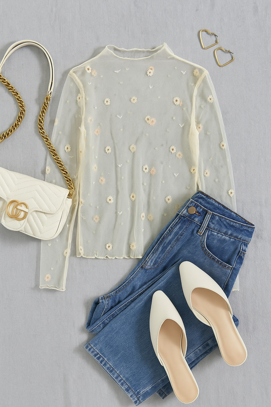 Mesh flower pattern long sleeve top