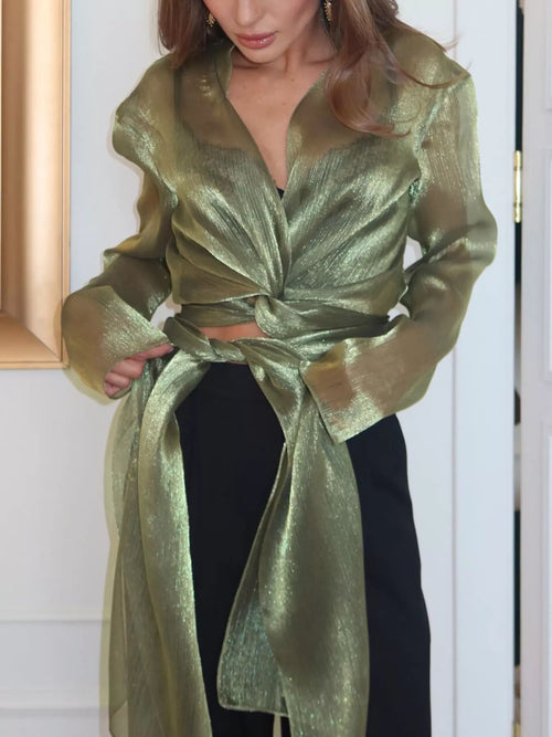 Women’s Metallic Sheer Front-Tie Long Sleeve Blouse