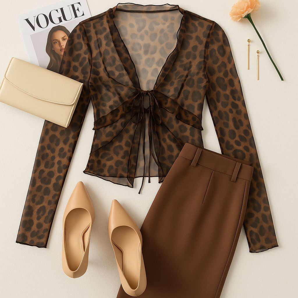 Leopard Print Mesh ruffled top 