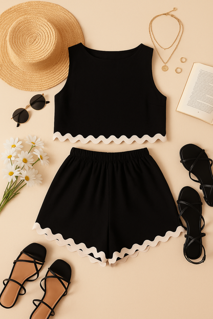 Black Scallop Trim Sleeveless Top & Shorts Co-Ord Set | Summer Matching Outfit