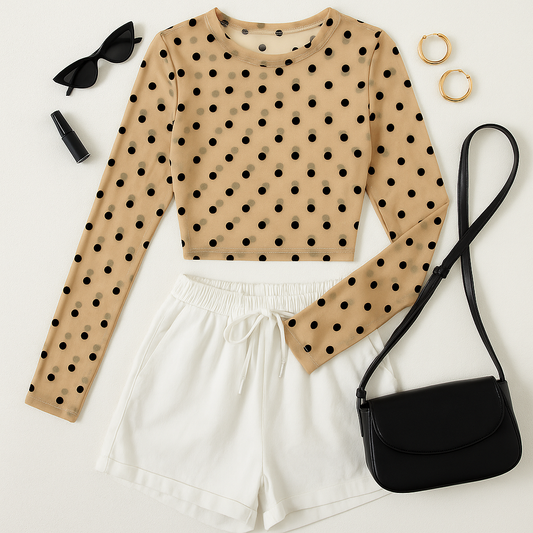 Mesh polka dot long sleeve cropped top