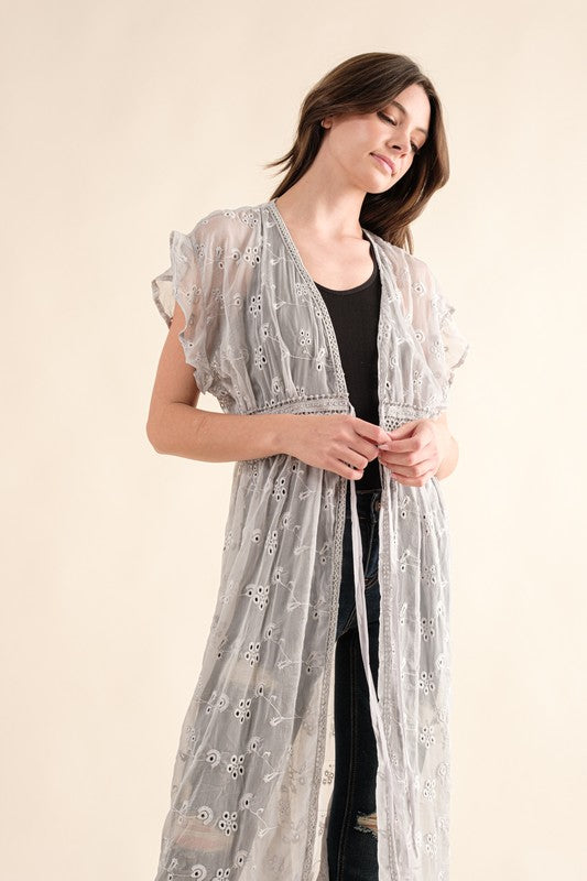 CHIFFON EMBROIDERY LACE KIMONO DUSTER CARDIGAN