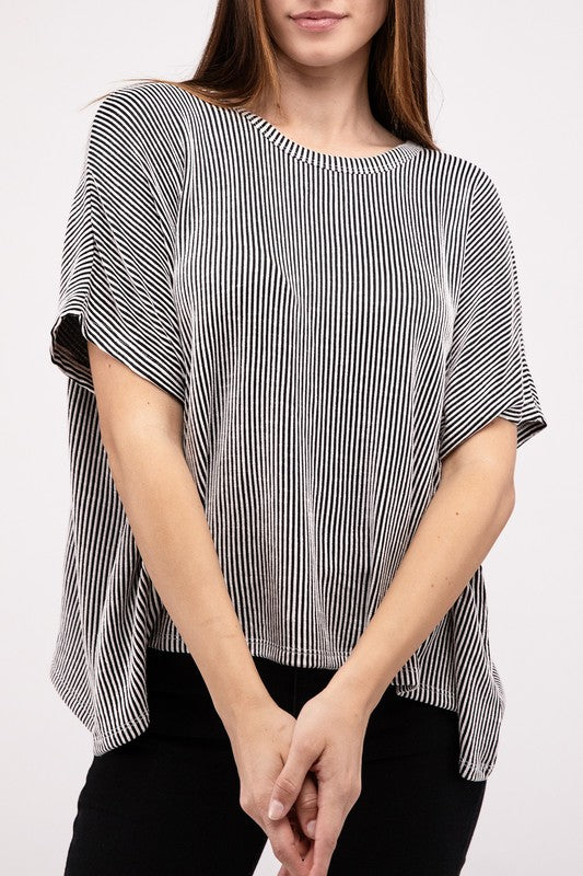 Ribbed Striped Oversized Short Sleeve Top