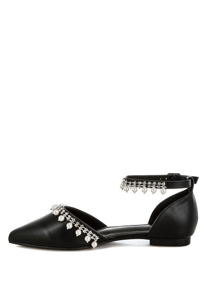 Aouva Rhinestone & Pearl Ankle Strap Flat Sandals