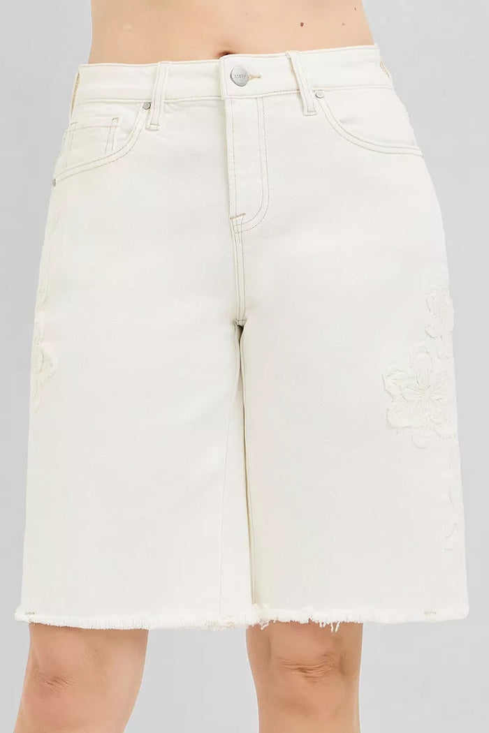RISEN Floral Embroidered Bermuda Denim Shorts | Women’s Relaxed Mid-Length Shorts