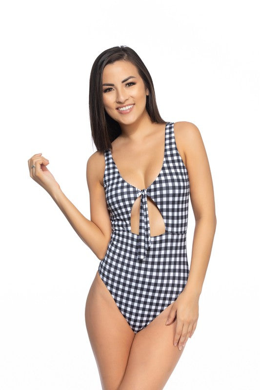 BLACK AND WHITE GINGHAM CUTOUT TIE ONE PIECE SWIM