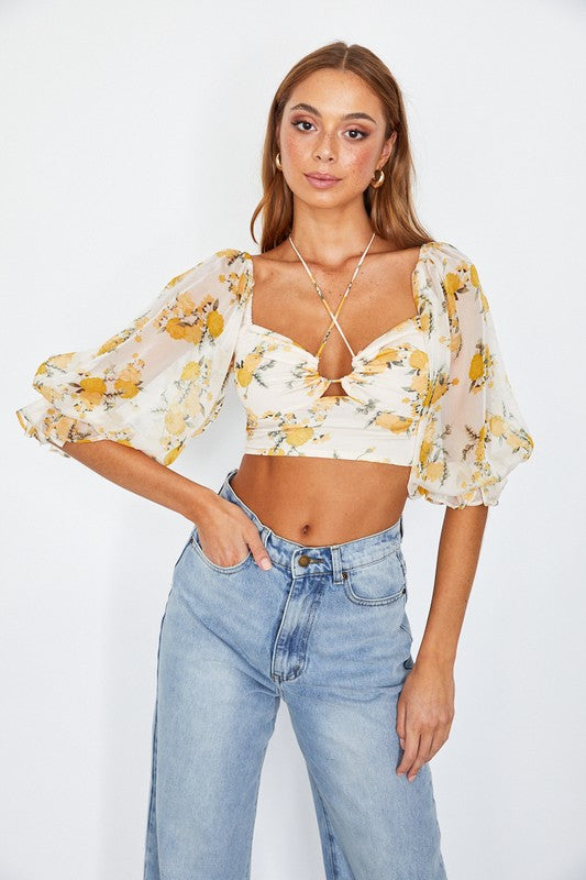 Chiffon Balloon Sleeved Bustier Crop Top