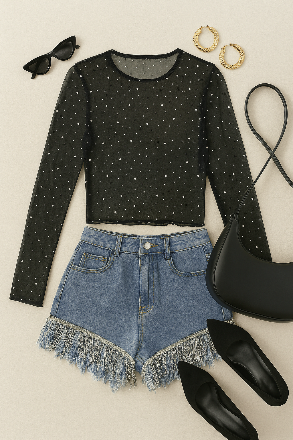 Black Rhinestone Sheer Mesh Slim Long Sleeve Top