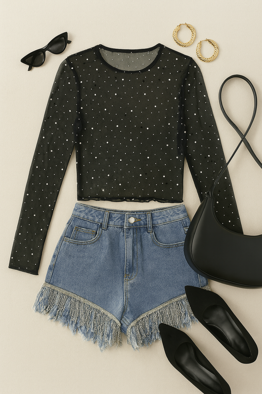 Black Rhinestone Sheer Mesh Slim Long Sleeve Top