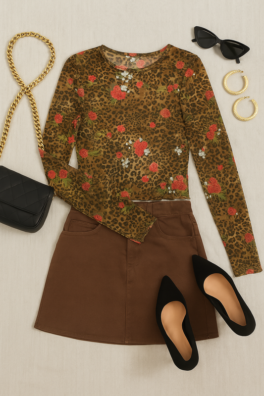 Cropped mesh ruffle hem floral leopard top