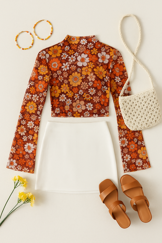 Mesh cropped printed top