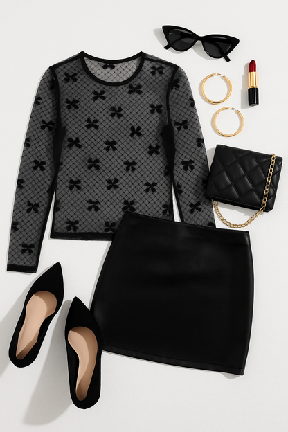 Black Bow Pattern Accent Mesh Long Sleeve Top