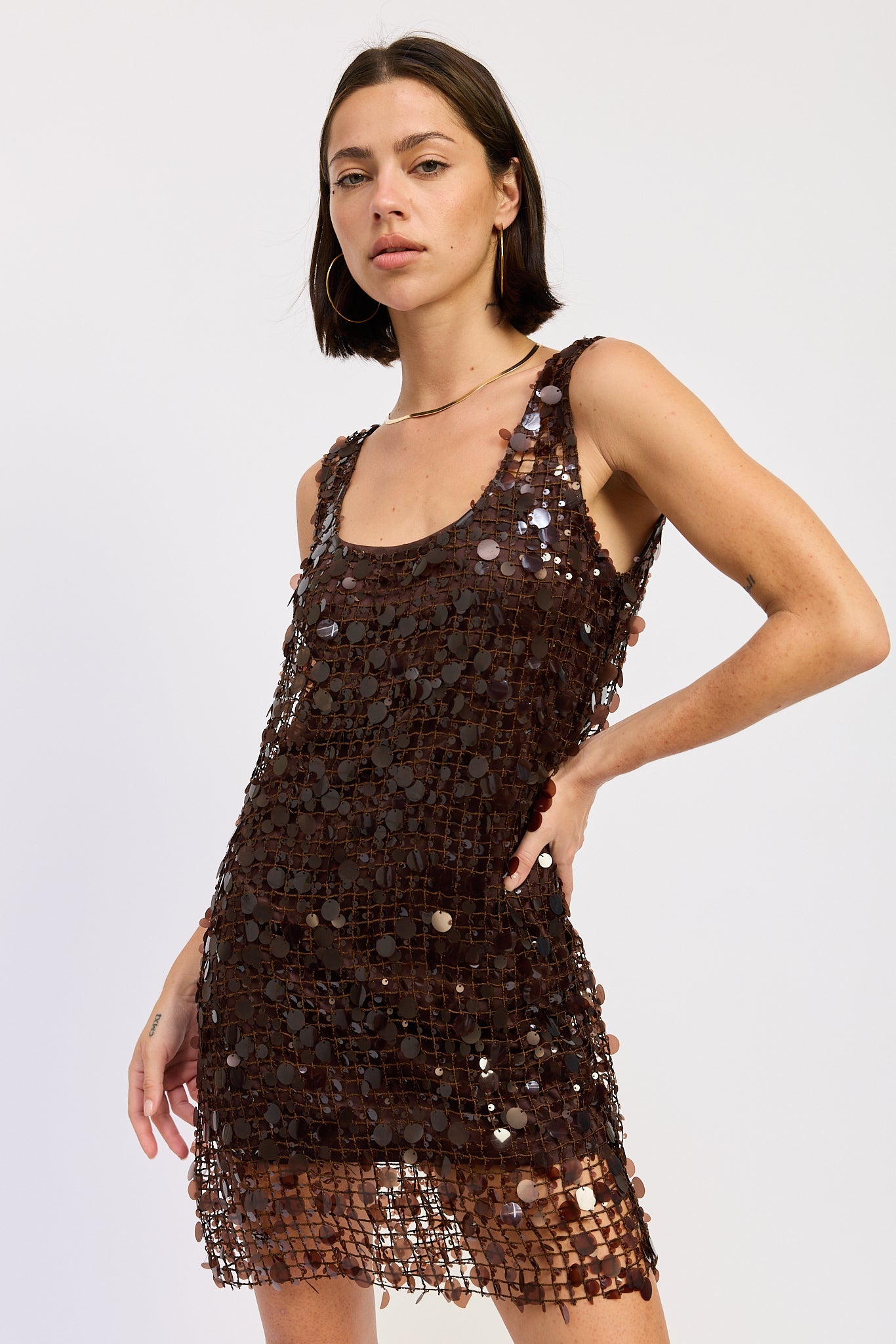 Women’s Brown Sequin Mesh Mini Dress – Sleeveless Party Dress