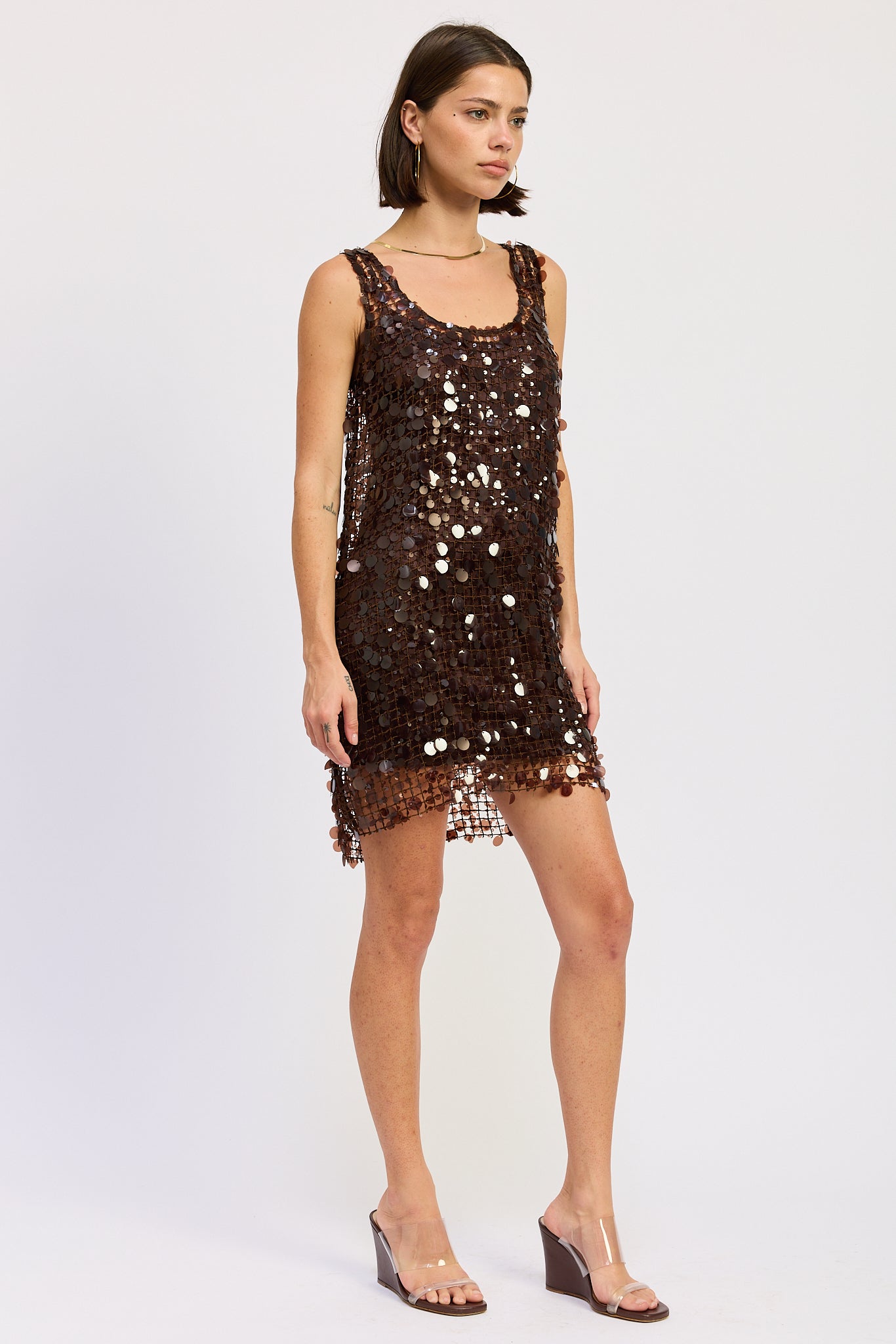 Women’s Brown Sequin Mesh Mini Dress – Sleeveless Party Dress