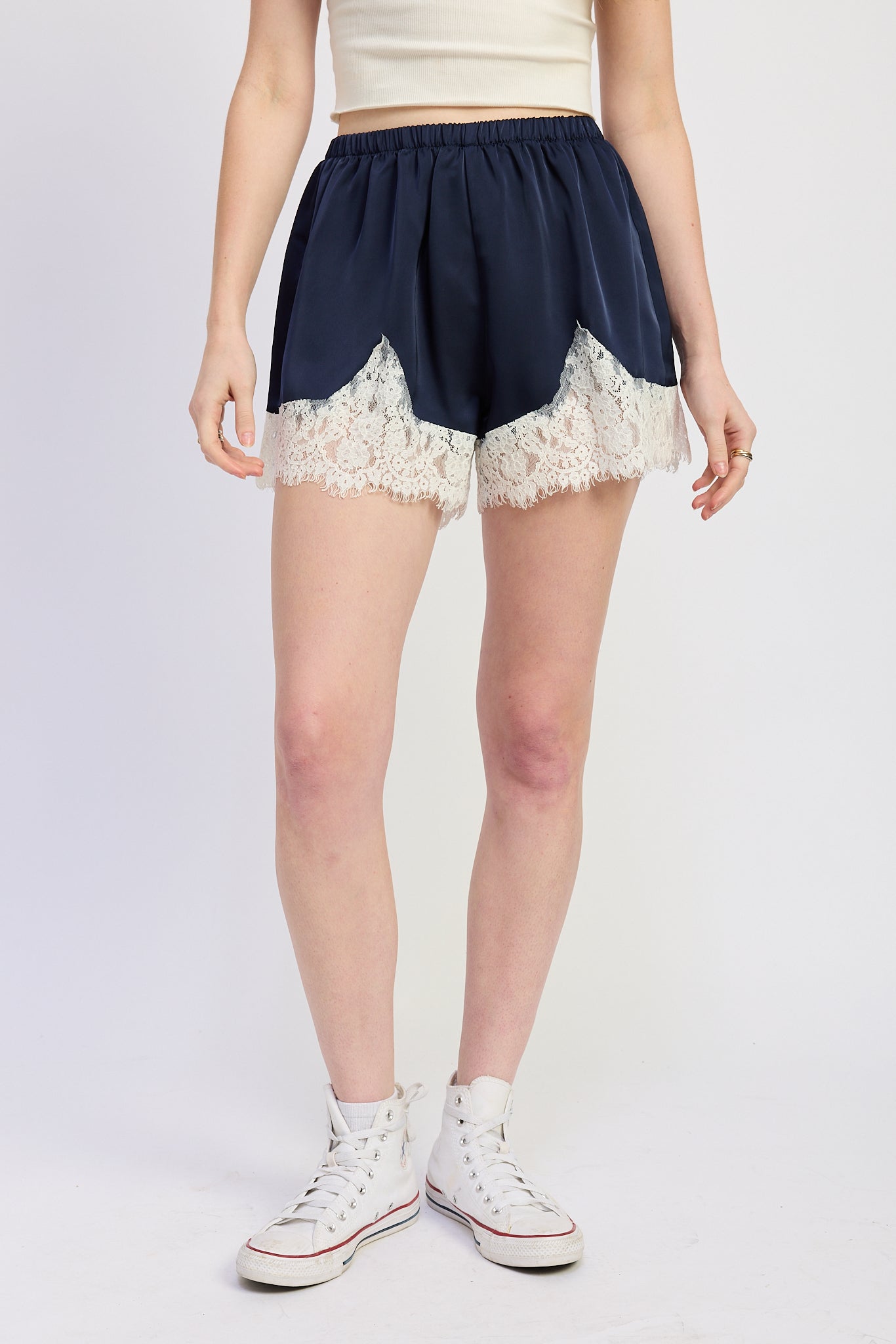 Ana Satin Lace Trim Shorts – Navy Mini Shorts with White Lace Detail