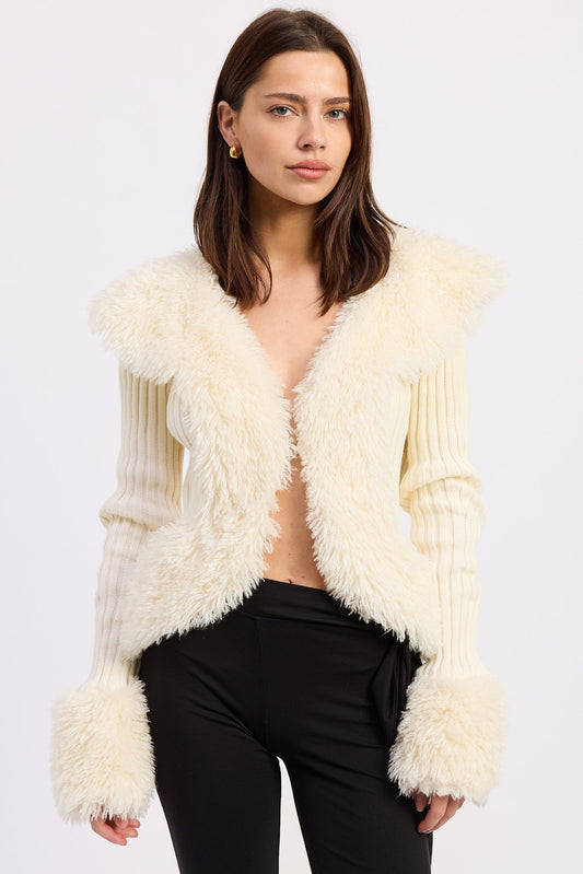 Long Sleeve Knitted Fur Collar Cardigan – Riva