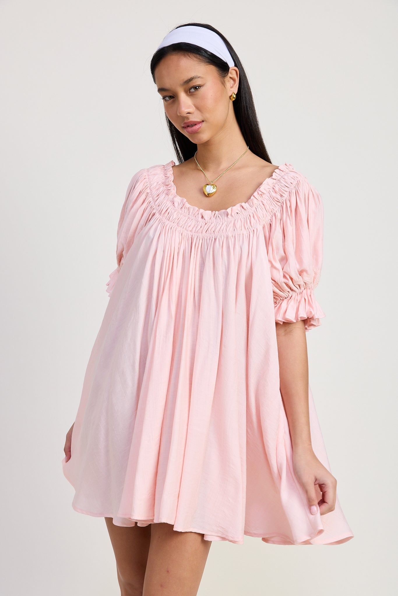 Women’s Blush Pink Puff Sleeve Tunic Mini Dress – Xandra