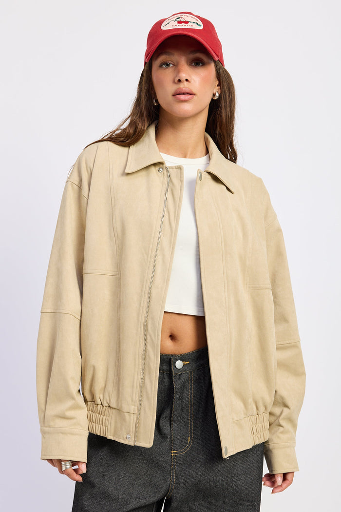 Women’s Oversized Faux Suede Bomber Jacket – Neutral Beige