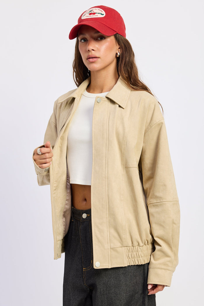 Women’s Oversized Faux Suede Bomber Jacket – Neutral Beige