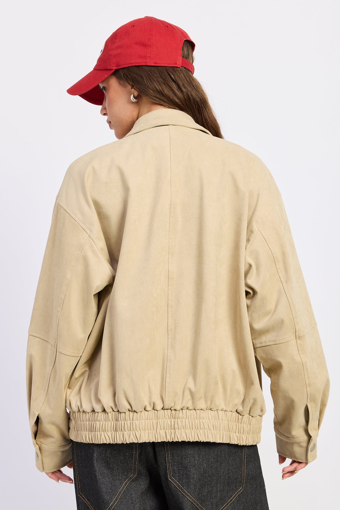 Women’s Oversized Faux Suede Bomber Jacket – Neutral Beige