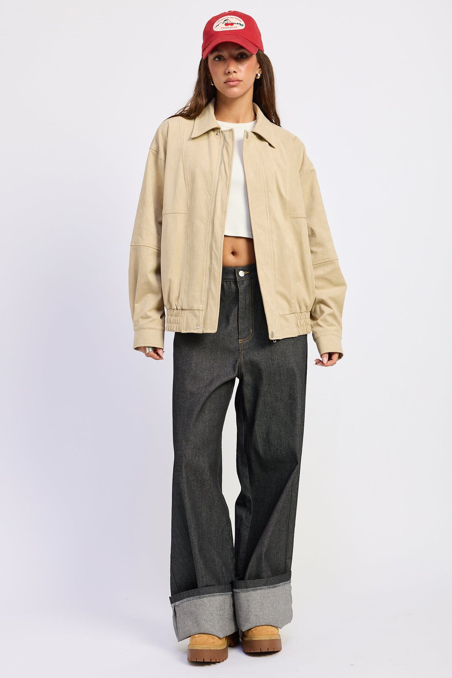Women’s Oversized Faux Suede Bomber Jacket – Neutral Beige