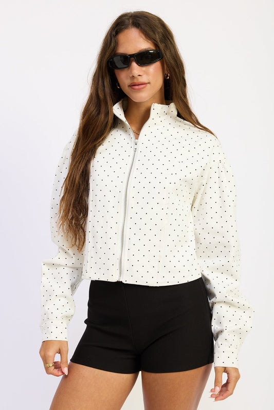 Women’s Minimalist Collared Jacket – Paris in Off White Black Polka Dot – product image 1 | IWearStyle