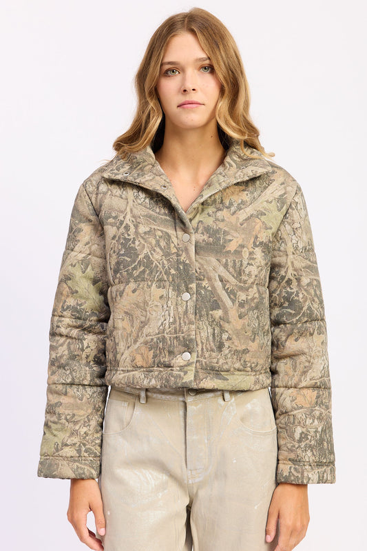 Women’s Woodland Camo Cropped Puffer Jacket – Dinara in Olive Tan – product image 1 | IWearStyle