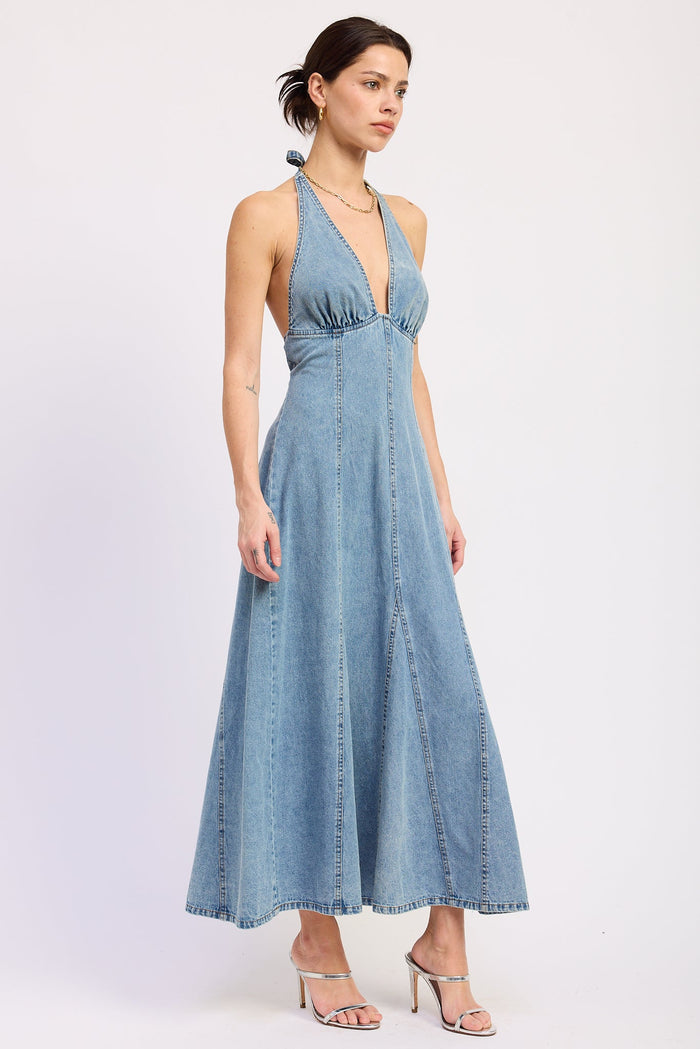 Laurel Halter Denim Midi Dress | Women's Blue Denim Summer Dress