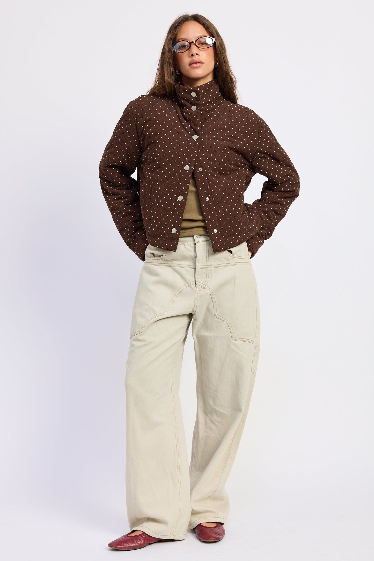 Women’s Chocolate Brown Polka Dot Quilted Puffer Jacket – Calista