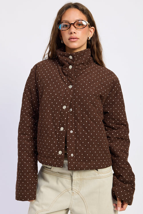 Women’s Chocolate Brown Polka Dot Quilted Puffer Jacket – Calista