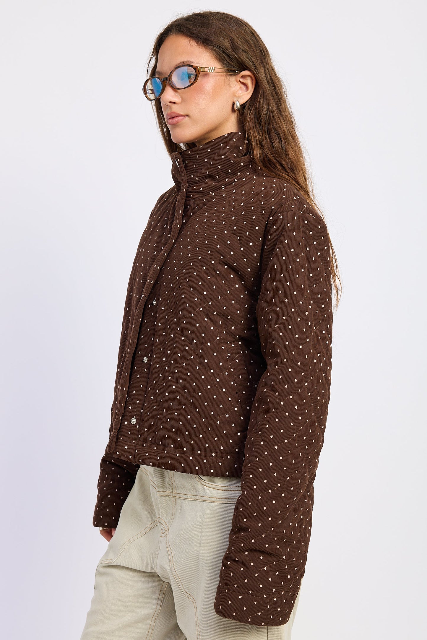 Women’s Chocolate Brown Polka Dot Quilted Puffer Jacket – Calista