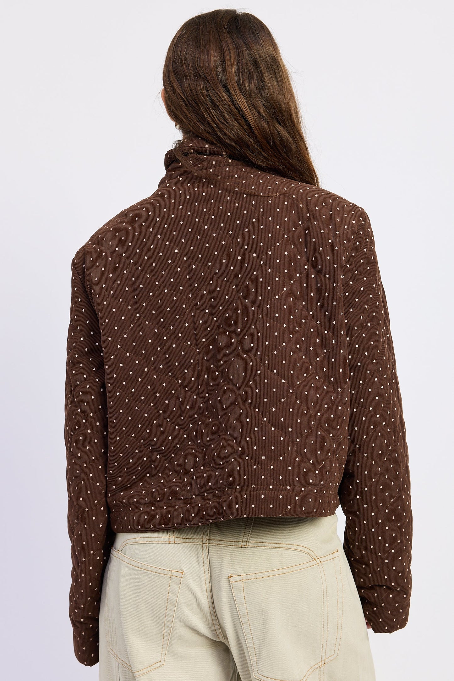 Women’s Chocolate Brown Polka Dot Quilted Puffer Jacket – Calista