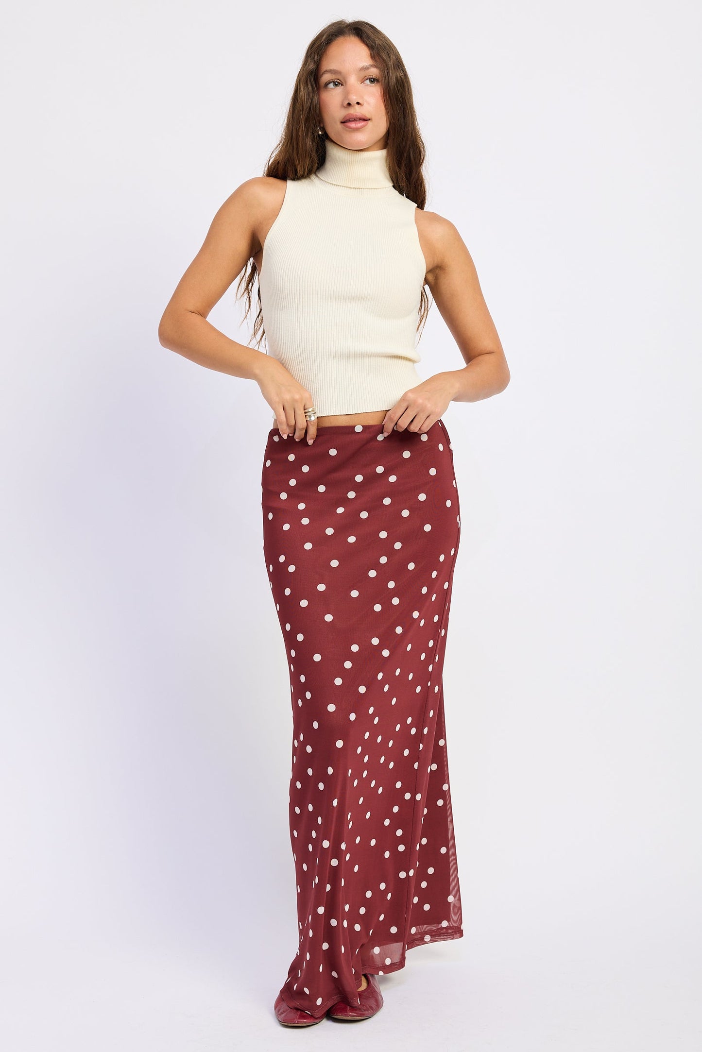 Women’s Burgundy Polka Dot Mesh Maxi Skirt – Antonella