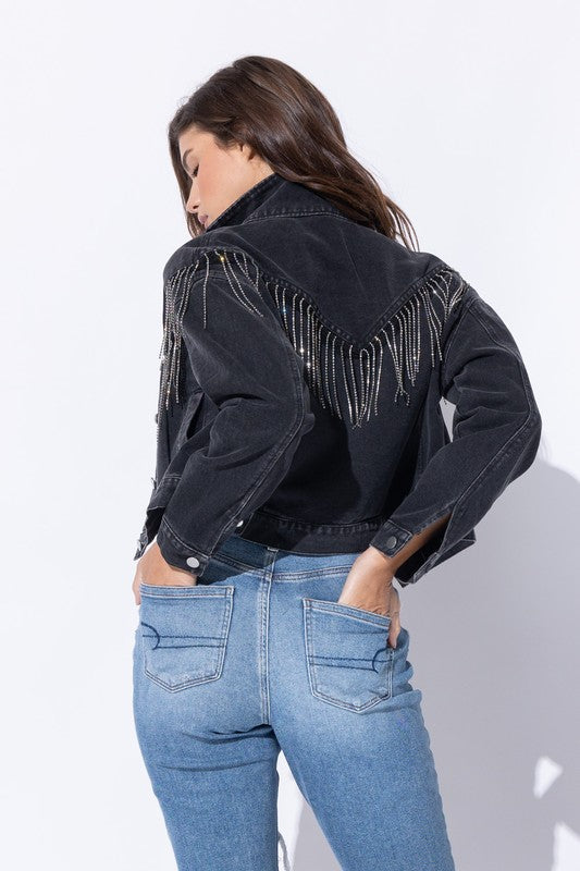 CROP DENIM JACKET WITH RHINESTONE FRINGE