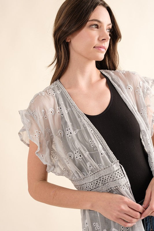 CHIFFON EMBROIDERY LACE KIMONO DUSTER CARDIGAN