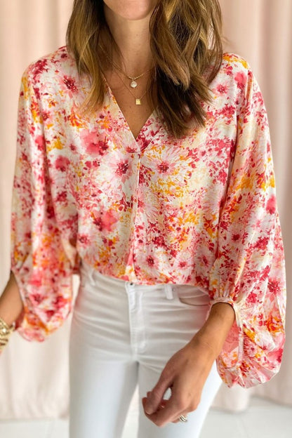 Women Pink Floral Bubble Sleeve V Neck Blouse