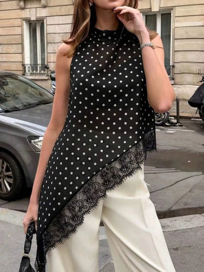 Polka Dot Lace Trim Asymmetrical Hem Sleeveless Blouse